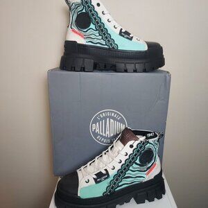 Custom Palladium "Spiraling Revolt Hi" sneakers.